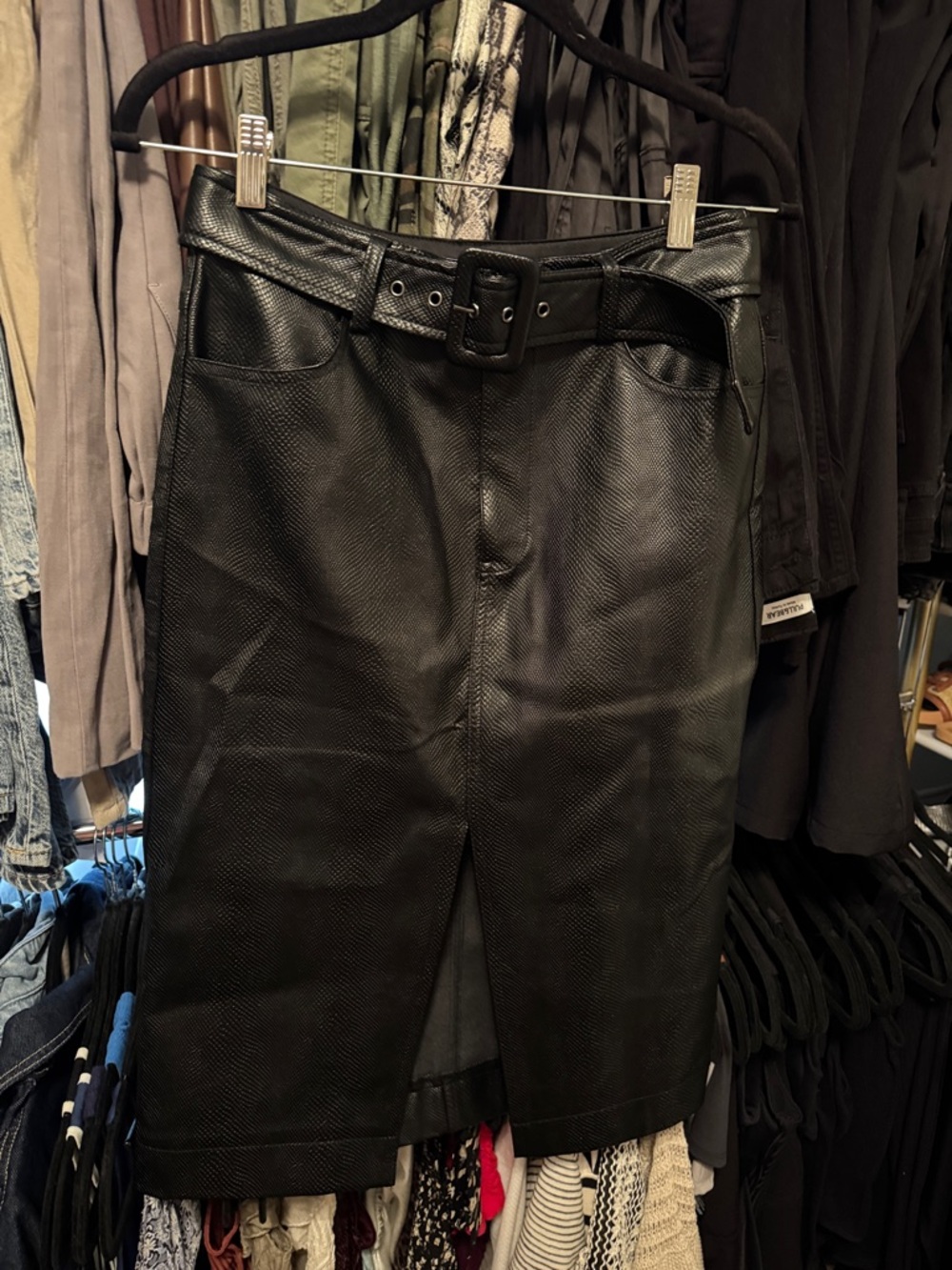 Bar III Black Faux Leather Midi Skirt with Belt